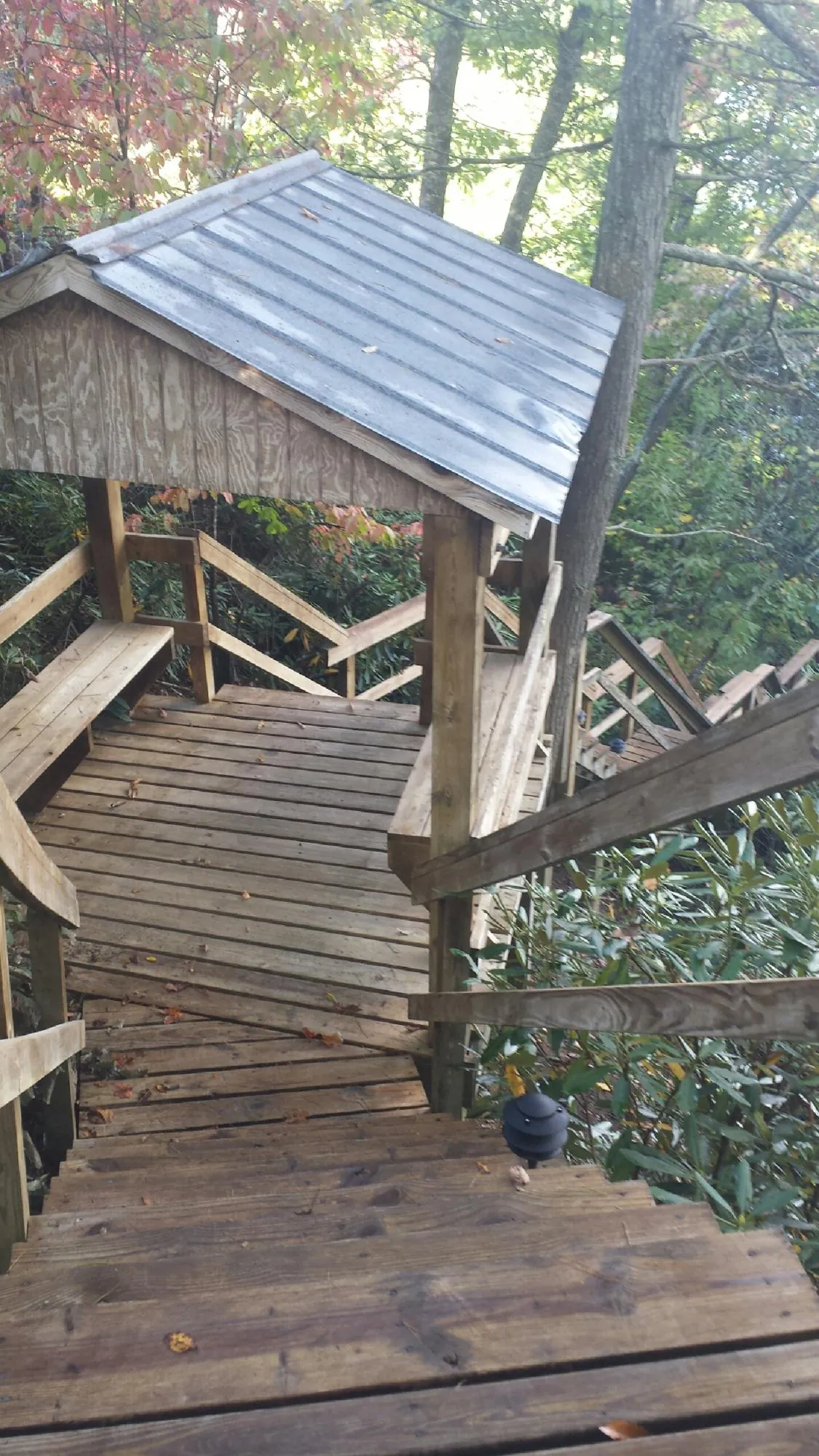 Metal roofed shelter over wooden steps on a wooded walkway — Skylight Repair & Installation work by our crew in Rowlett
